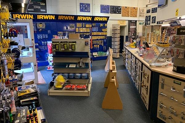 Part of the interior of the Mercia Hardware store, showing various types of stock on the shelves